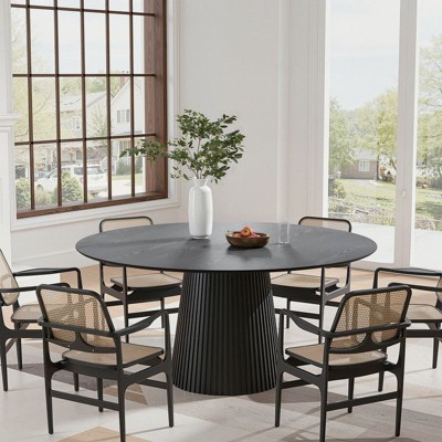 PexFix 60" Round Dining Table for 6 People Modern Pedestal Table with Fluted Cone Base & Wood MDF Top for Small Space Kitchen Dining Room Cafe Black