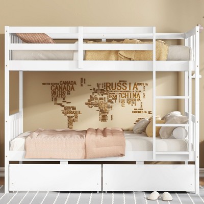 NicBex Twin Over Twin Rubber Wood Bunk Bed with 2 Drawers,Convertible Bed Frame with Ladder and Safety Guardrail for Kids Teens Dorm Rooms