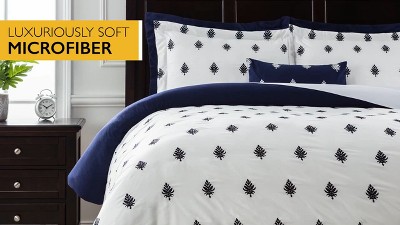 Navy and White Embroidered Microfiber Queen Duvet Cover Set