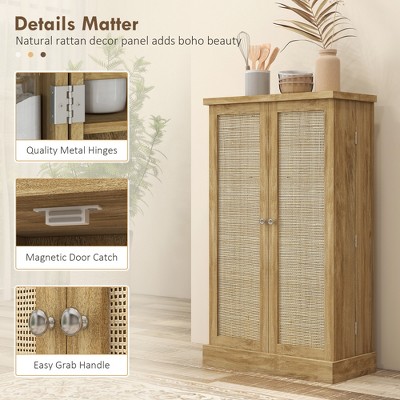 HOMCOM 40.9" Kitchen Pantry Storage Cabinet, Freestanding Kitchen Cabinet with Rattan Doors 5-Tier Shelf 12 Spice Racks Adjustable Shelves Natural