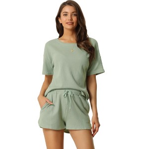 cheibear Women's Casual Pullover Short Sleeve Sleepshirt with Shorts Waffle Pajama Sets - 1 of 4