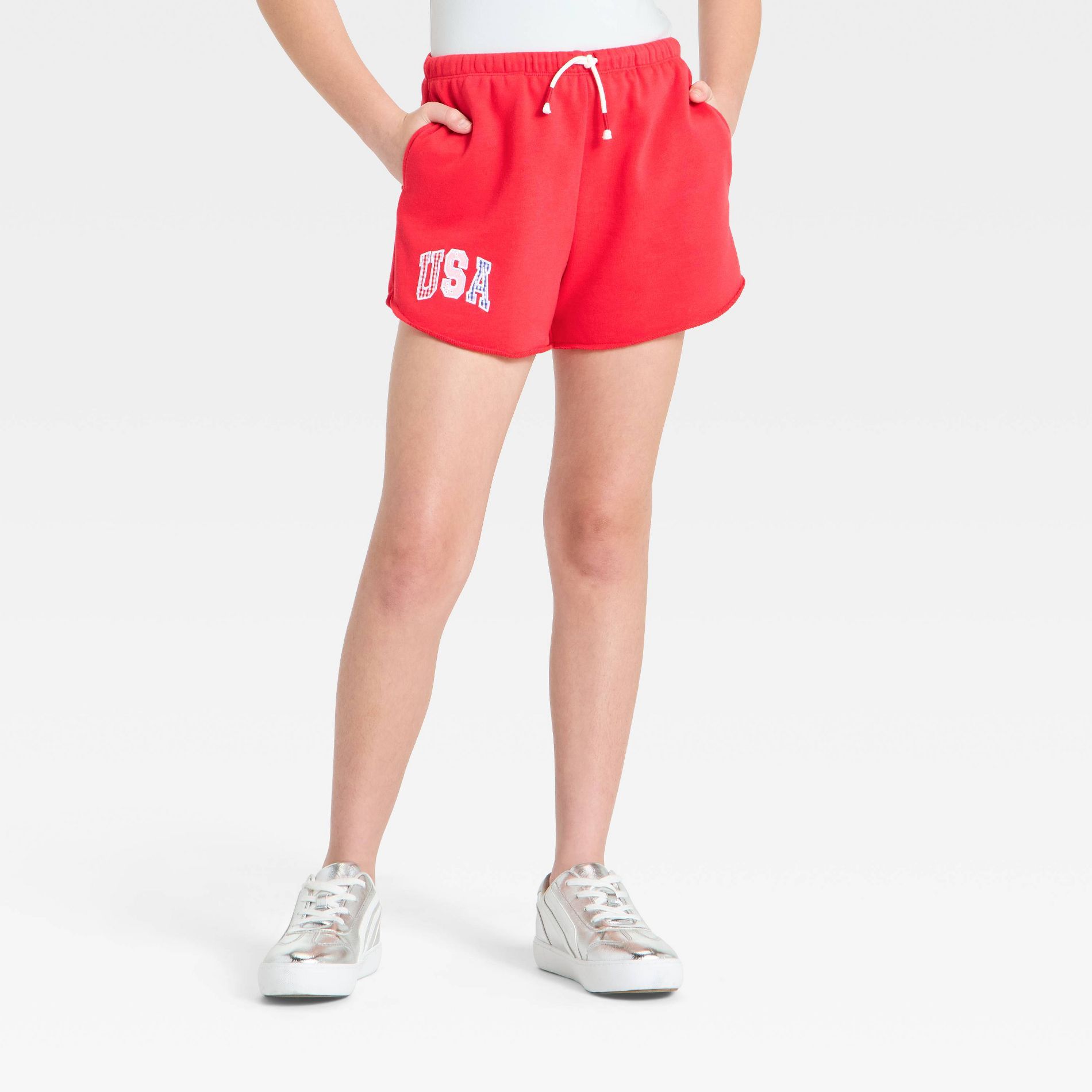 Girls' French Terry 4th Of July "USA" Graphic Cutoff Dolphin Pull-On Shorts - art class™