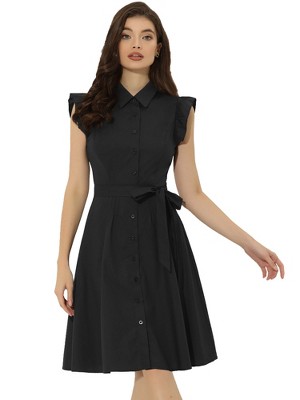 Allegra K Women's Cotton Ruffled Cap Sleeve Tie Waist Button Casual Office Shirt Dress