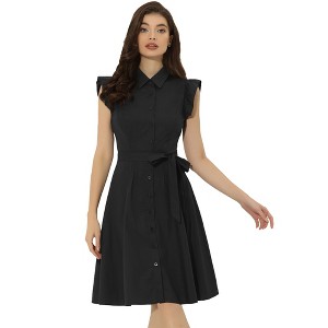 Allegra K Women's Cotton Ruffled Cap Sleeve Tie Waist Button Casual Office Shirt Dress - 1 of 4
