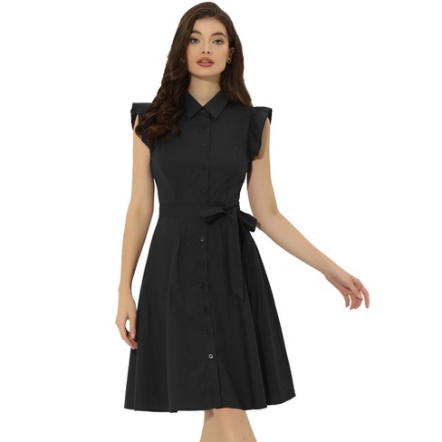 Allegra K Women's Cotton Ruffle Sleeve Belted Shirt Midi Dress