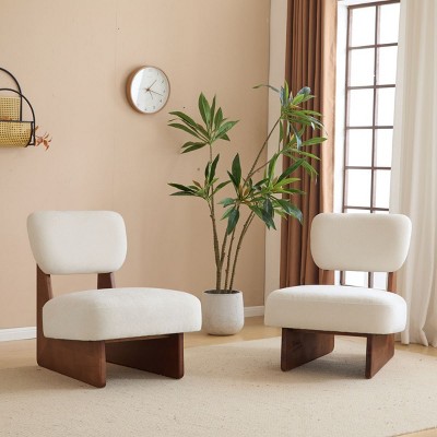 Set of 2 Modern Armless Lounge Chairs with Beige Upholstery and Wood Base for Living Room or Bedroom–The Pop Home