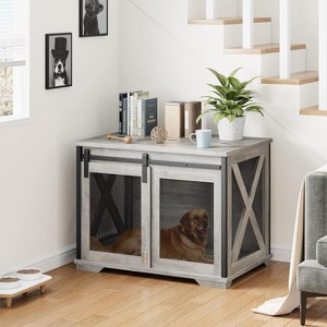 Dog Crate Furniture with Sliding Barn Door, 37''Dog Cage Furniture, Wooden Dog Kennel End Table with Detachable Divider, Indoor Puppy Kennel - 1 of 4