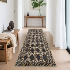 Modern Washable Area Rug, Checkered Leopard Print Floor Cover with Non Slip Backing, Low Pile Stain Resistant Indoor Carpet - 1 of 4