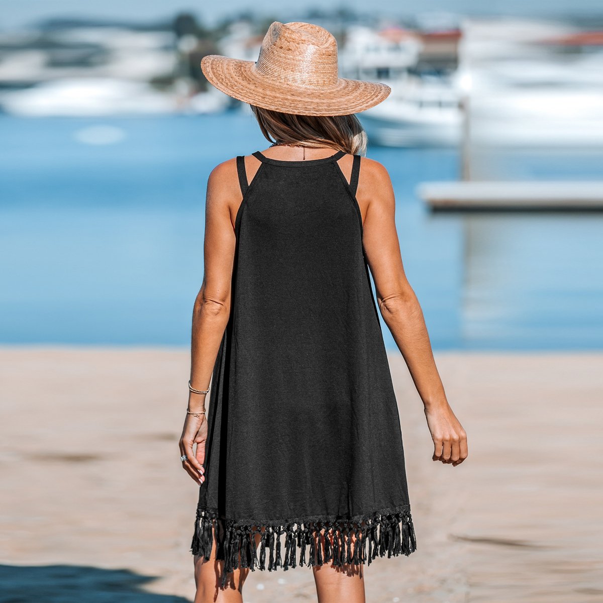 Женские платья Cupshe Women's Boho Chic Tassel Trim Sleeveless Swing Dress - Cupshe-S-Black — фото 3
