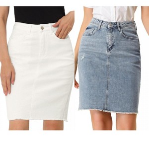 INSPIRE CHIC Women's Basic Distressed High Waist Ripped Hem Washed Jeans Skirt 2 Packs - 1 of 4