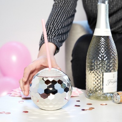 Silver Disco Ball Drink Tumbler with Pink Straw
