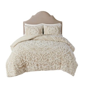 Gulches Laetitia 3 Piece Taupe Tufted Chenille Medallion Cotton King Duvet Cover Set - 1 of 4
