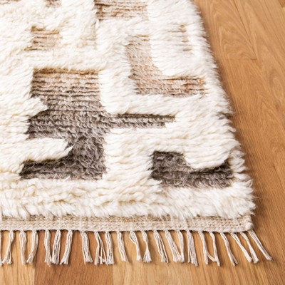 Ivory and Grey Hand-Knotted Wool Shag Runner Rug