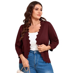 Clearlove Women's Plus Size 3/4 Sleeve Open Front Cropped Cardigan Lightweight Hollow Out Knit Shrug - 1 of 4