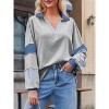 Imily Bela Womens Color Block  Oversized Polo Shirt V Neck Long Sleeve Casual Pullover Top - 4 of 4