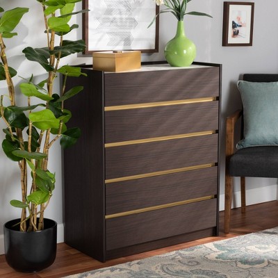 Walker Dark Brown Wood 5-Drawer Chest with Faux Marble Top