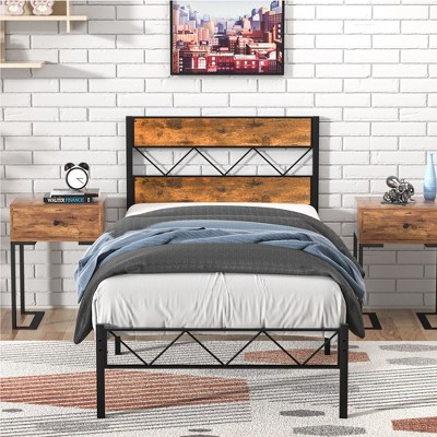 VECELO Metal Platform Bed Frame with Rustic Vintage Wooden Headboard, Heavy Duty Metal Slats Support
