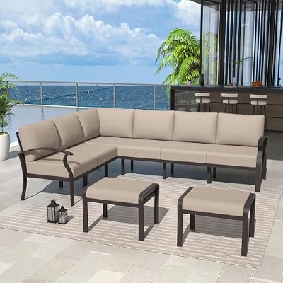 ALAULM Aluminum Patio Furniture Set Modern Metal Outdoor Conversation Sets w/45in Propane Fire Pit Table, Patio Sectional Sofa w/5.1 Inch Cushion