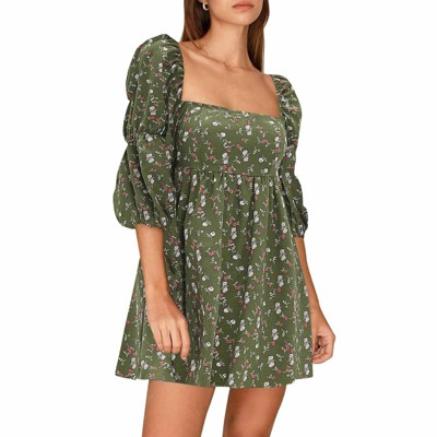 EXLURA Womens Square Neck Dress Long Puff Sleeve A-Line Casual Short Mini Dresses