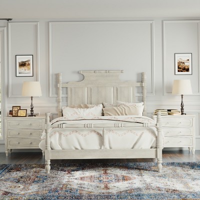 3-Piece Bedroom Sets Vintage Country Style Wood Queen/King Size Four Poster Platform Bed with 2 Three-Drawer Nightstands - ModernLuxe