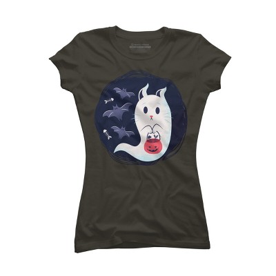 Junior's Design By Humans halloween ghost cat By ArtStyleAlice T-Shirt