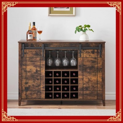 Garvee Elegant Farmhouse Wine Bar Cabinet with Sliding Barn Door – 47" Kitchen Coffee Bar with 16 Wine & Glass Racks