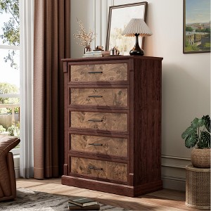 Farmhouse 5 Drawer Dresser for Bedroom, 43.3" Tall Chest of Drawers with Metal Handles, Rustic Wooden Dresser TV Stand, for Living Room, Hallway - 1 of 4