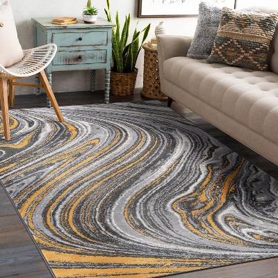 Yellow and Gray Abstract Swirl 5' x 7' Stain-Resistant Synthetic Rug