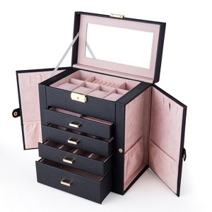 Slickblue Black Jewelry & Watch Box with Drawers, Velvet Lining and Necklace Hooks, Large Storage Organizer - 1 of 4