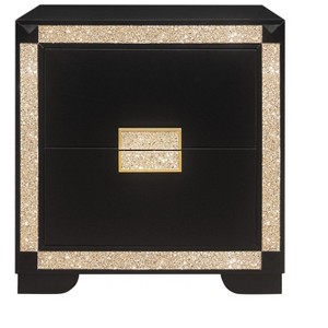 HomeRoots 26" Black and Gold Two Drawer Faux Crystal Bling Wood Nightstand - 1 of 4