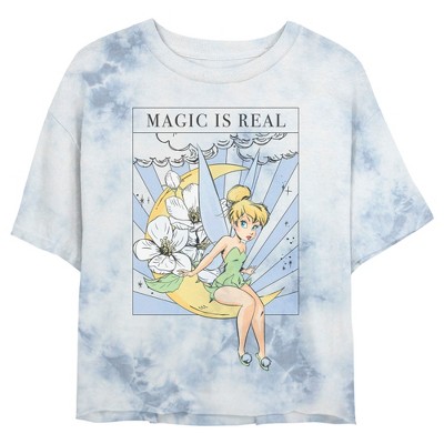 Juniors Womens Peter Pan Tinker Bell Magic is Real Tarot Card Crop T Shirt White Blue Large