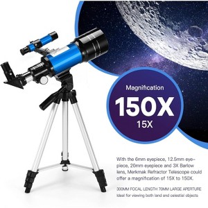 Telescope for Kids Adults, 70mm Aperture 300mm Telescopes for Astronomy Beginners, 15X-150X Magnification Refractor Telescope, Phone Adapter, Blue - 1 of 4