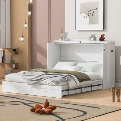 NicBex Queen Size Murphy Bed 80.7" Wooden Frame Morden Hideaway Wall Bed with Top Shelf and 1 Spacious Drawer for Apartment