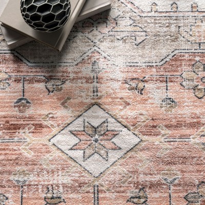 4' x 6' Orange and White Medallion Washable Synthetic Rug