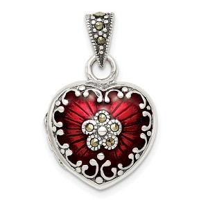 Black Bow Jewelry Sterling Silver, Red Enamel and Marcasite Antiqued Heart Locket, 16mm - 1 of 4