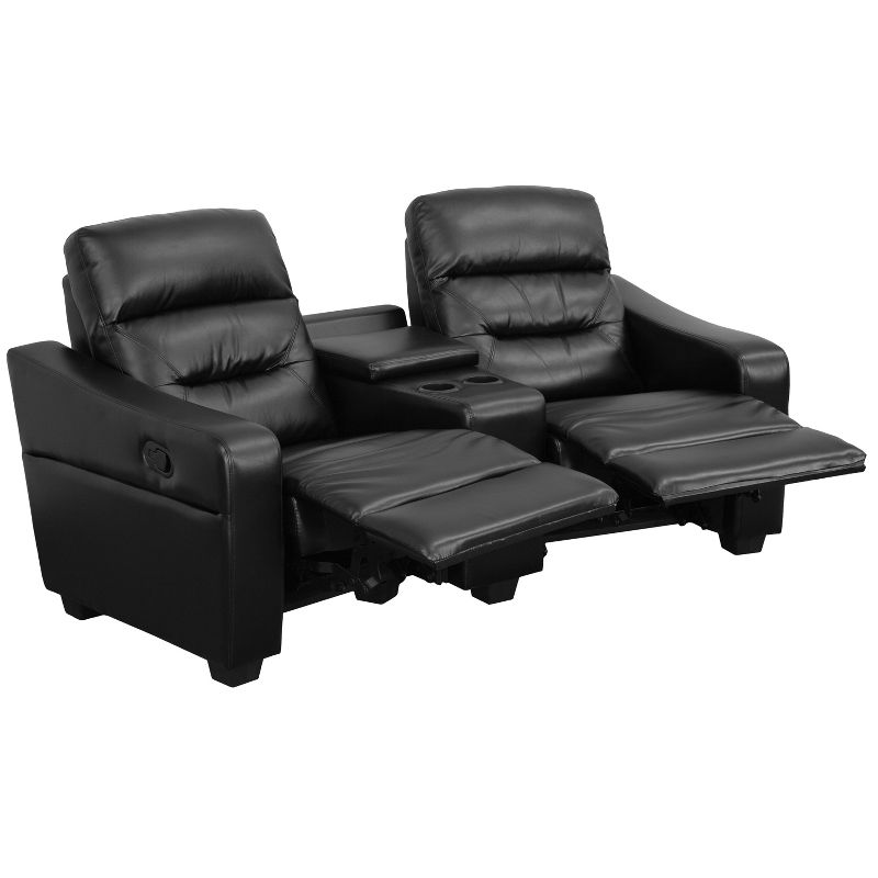 Flash Furniture Futura Series 2-Seat Reclining Black LeatherSoft Tufted Bustle Back Theater Seating Unit with Cup Holders, 1 of 4