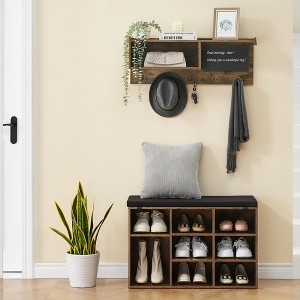 Hall Tree Shoe Bench Industrial 6 in 1 Coat/Shoe Rack with 5 Hooks, 9 Storage Cubbies with Bookshelf and Small Blackboard - 1 of 4