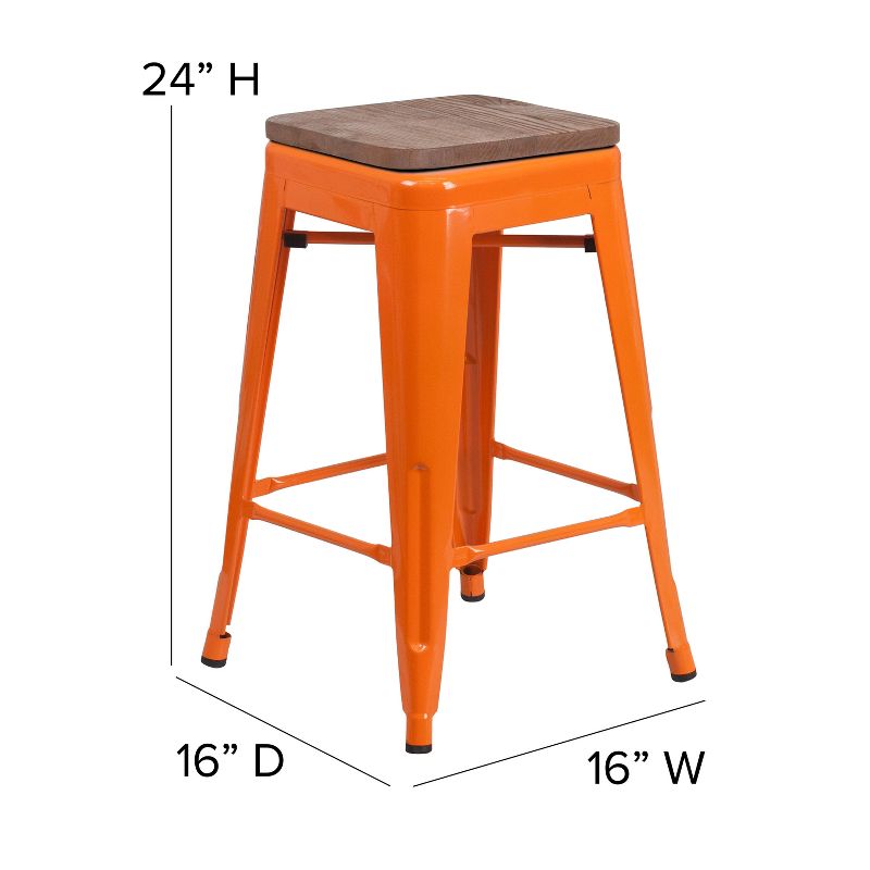 Emma and Oliver 24"H Backless Orange Metal Counter Height Stool with Wood Seat, 6 of 14
