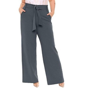 Womens Plus Size Stretch Dress Pants Comfy Wide Leg Belted Lounge Pants for Office - 1 of 3