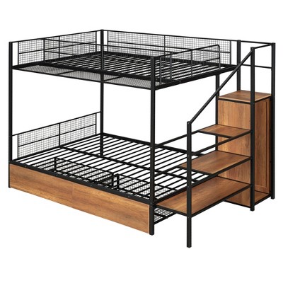 NicBex Twin Over Full Bunk Bed with Guardrail and 2 Drawers,Metal Twin Loft Bed with Lateral Storage Ladder and Wardrobe,Bunk Beds for Bedroom
