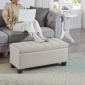 Entryway Bench - Upholstered Storage Bench, Rectangular Design, Light Beige Linen, Antique and Classic Style, Bedroom End Bench - 1 of 4