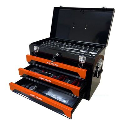 Maggift Tool Boxes and Totes, Portable 3-Drawer Steel Toolbox Multi-Function Tool Storage for Garage or Home, Black and Orange 21.14"*13.50"*16.92"