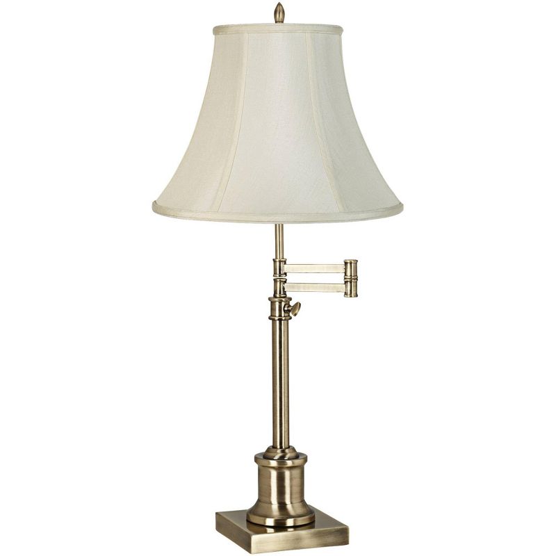 360 Lighting Traditional Swing Arm Desk Table Lamp Adjustable Height 36" Tall Antique Brass Imperial Creme Fabric Bell Shade Living Room, 1 of 4