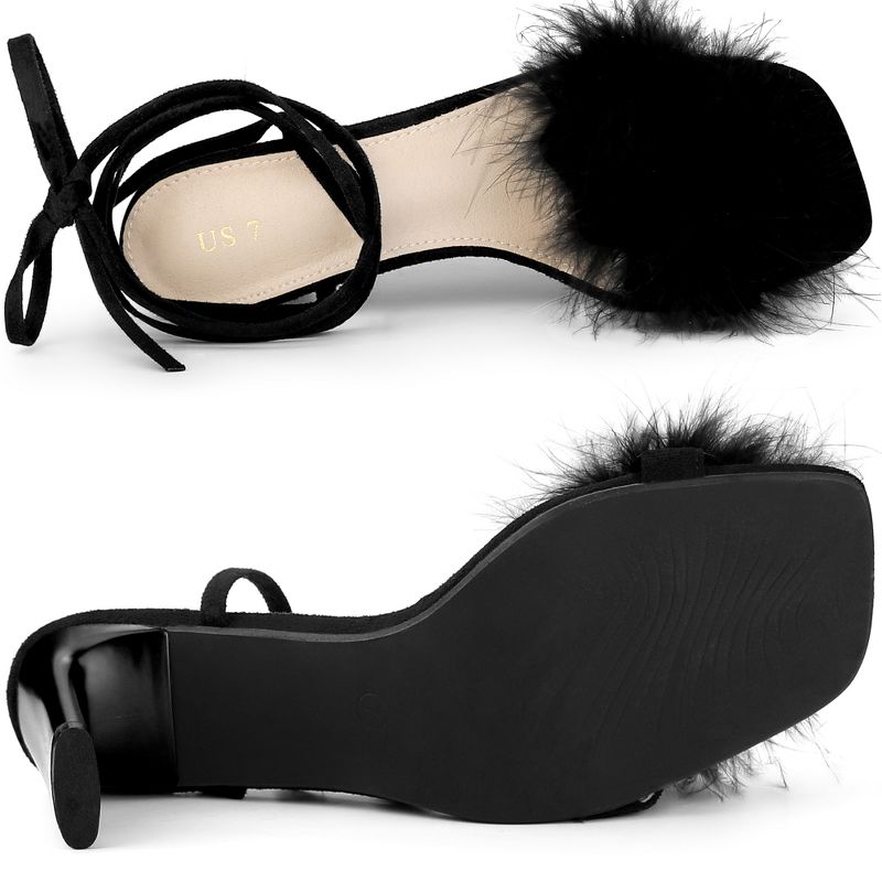 Allegra K Women's Faux Fur Slingback Block Heels Lace Up Sandals, 4 of 6