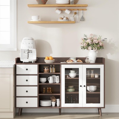 Farmhouse Sideboard Buffet Cabinet with Open Racks & 4 Drawers, Kitchen Cabinet with Glass Doors & Adjustable Shelf