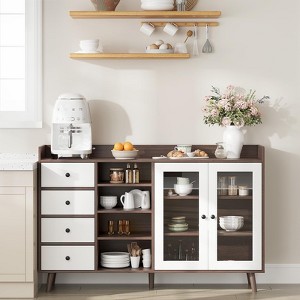 Farmhouse Sideboard Buffet Cabinet with Open Racks & 4 Drawers, Kitchen Cabinet with Glass Doors & Adjustable Shelf - 1 of 4