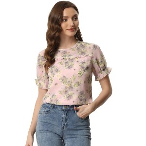 INSPIRE CHIC Women's Chiffon Short Sleeve Ruffled Trim Floral Blouse - 1 of 4