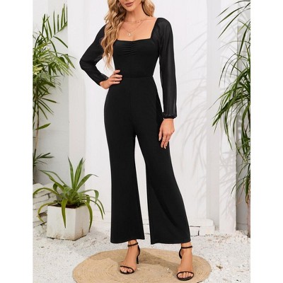 Women's High Waist Wide Leg Jumpsuit Square Neck Off Shoulder Lantern Long Sleeve Romper Outfits