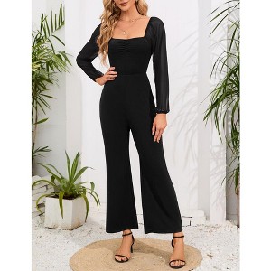 Women's High Waist Wide Leg Jumpsuit Square Neck Off Shoulder Lantern Long Sleeve Romper Outfits - 1 of 4