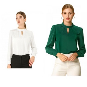INSPIRE CHIC Women's Office Keyhole Elegant Stand Collar Long Sleeve Button Blouse 2 Packs - 1 of 4